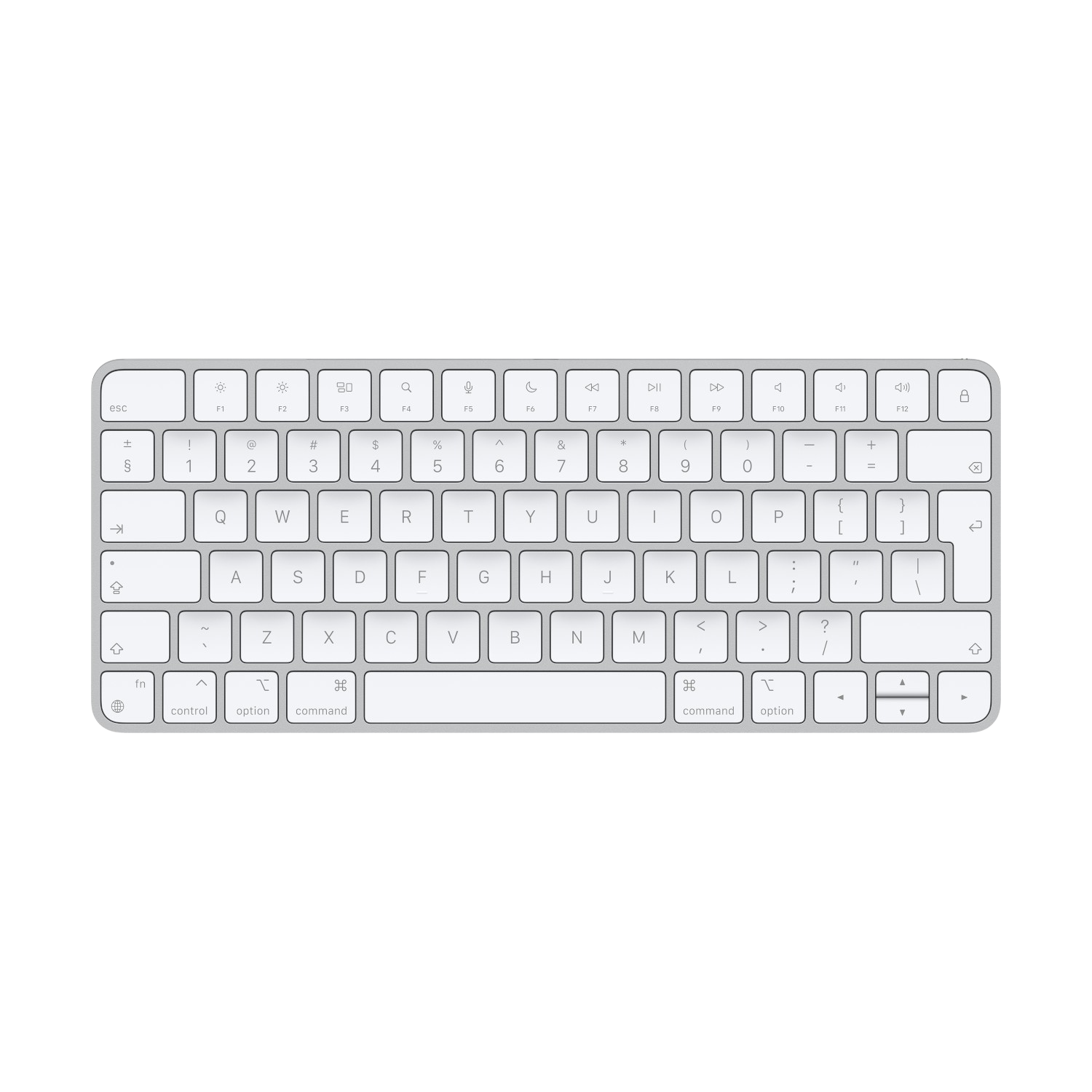 Een wit Apple Magic Keyboard op een zwarte achtergrond. Het toetsenbord heeft witte toetsen en een zilveren frame.