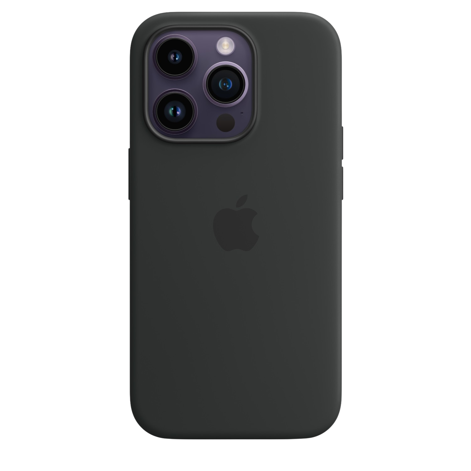 Een zwarte iPhone 14 Pro met een drievoudige cameralens en het Apple-logo op de achterkant.