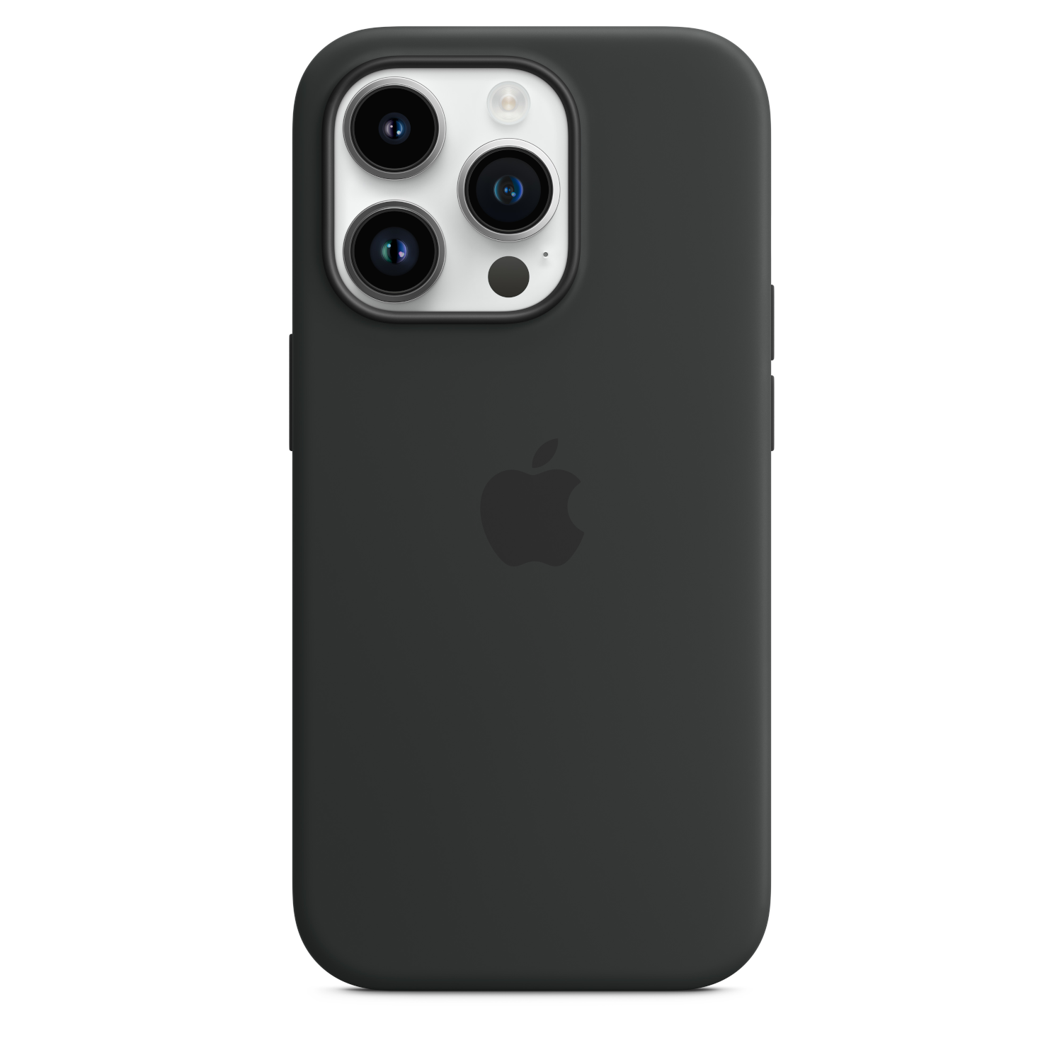 Zwarte iPhone-hoes. De achterkant toont het Apple-logo en de camera-opstelling.