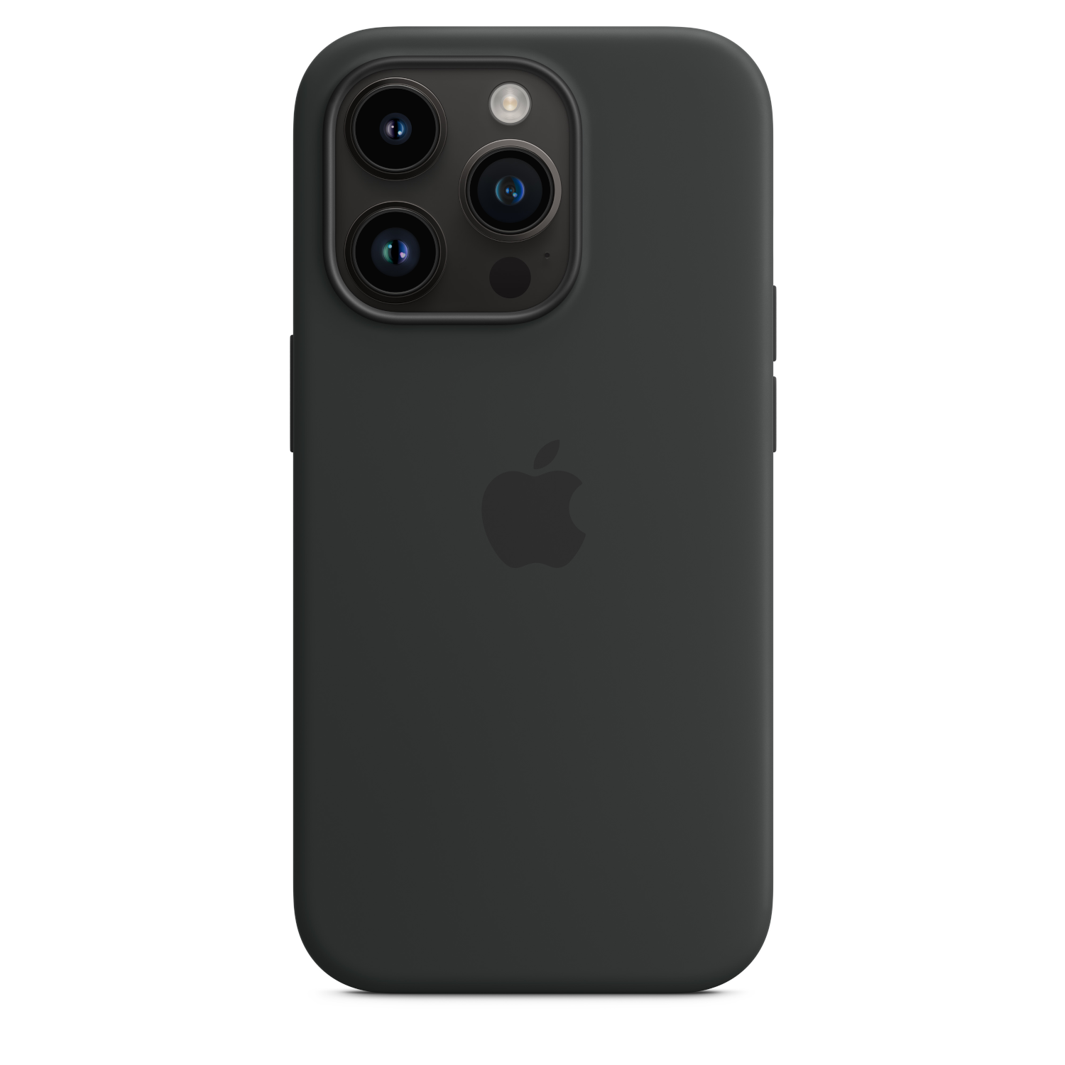 Zwarte iPhone met drie camera's achteraan, een logo op de achterkant en een zwarte hoes.