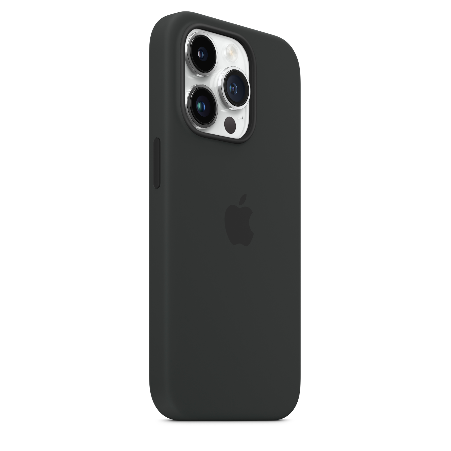 Een zwarte telefoonhoes met drie cameralenzen en Apple-logo.
