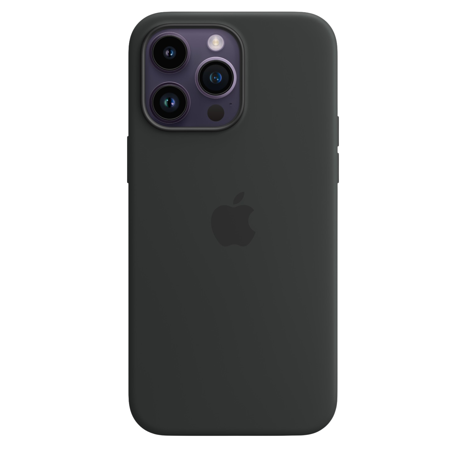 Zwarte iPhone 14 Pro in een donkergrijze hoes. Drie cameralenzen en Apple-logo zichtbaar.