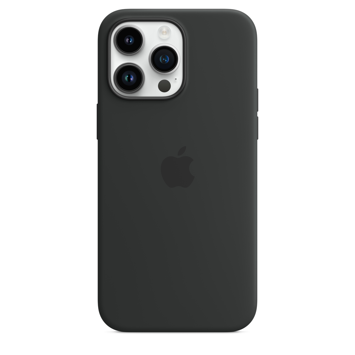 Een zwarte iPhone-hoes met drie cameralenzen en het Apple-logo op de achterkant.