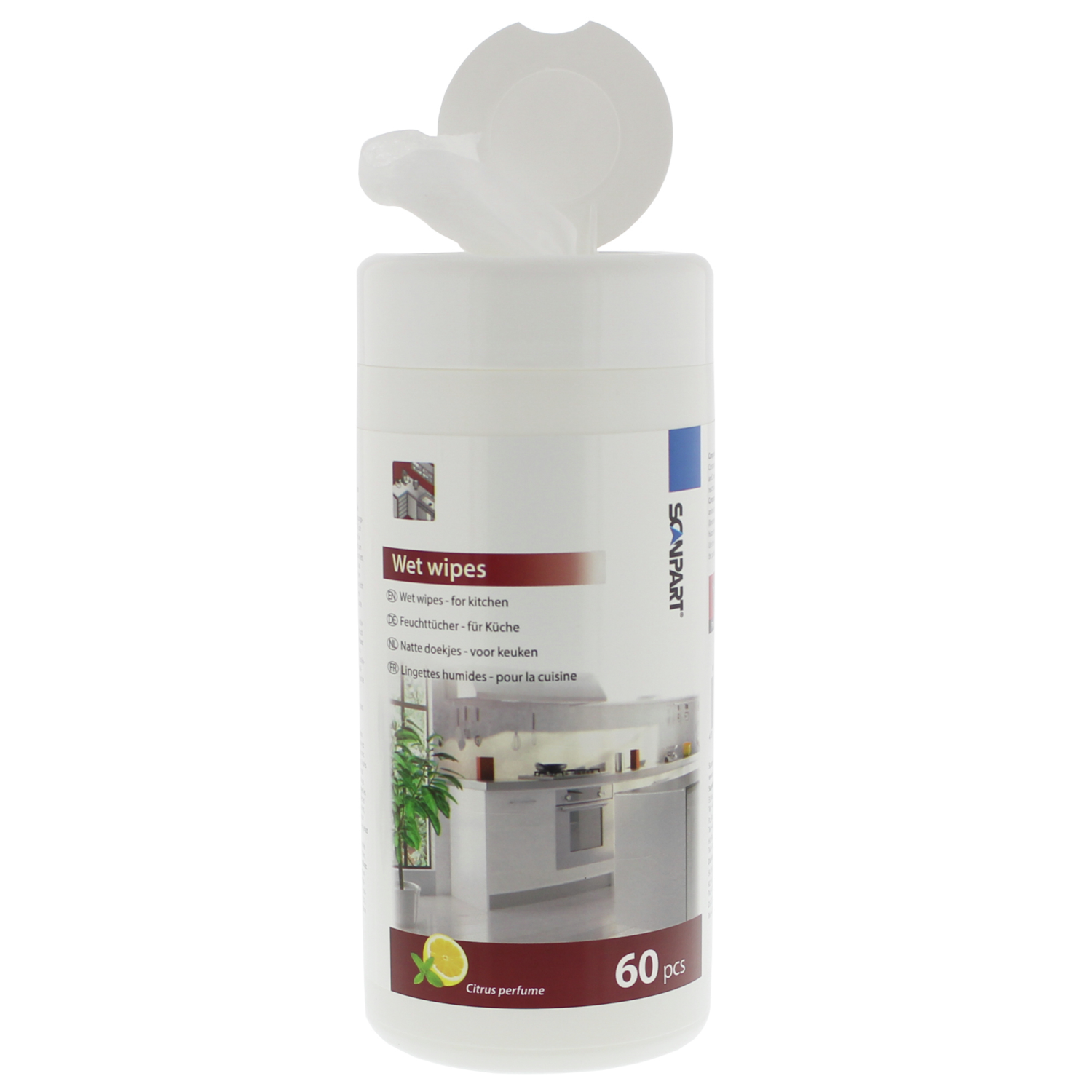 Een witte fles vochtige doekjes. Label toont vochtige doekjes voor de keuken en een afbeelding van een keuken.