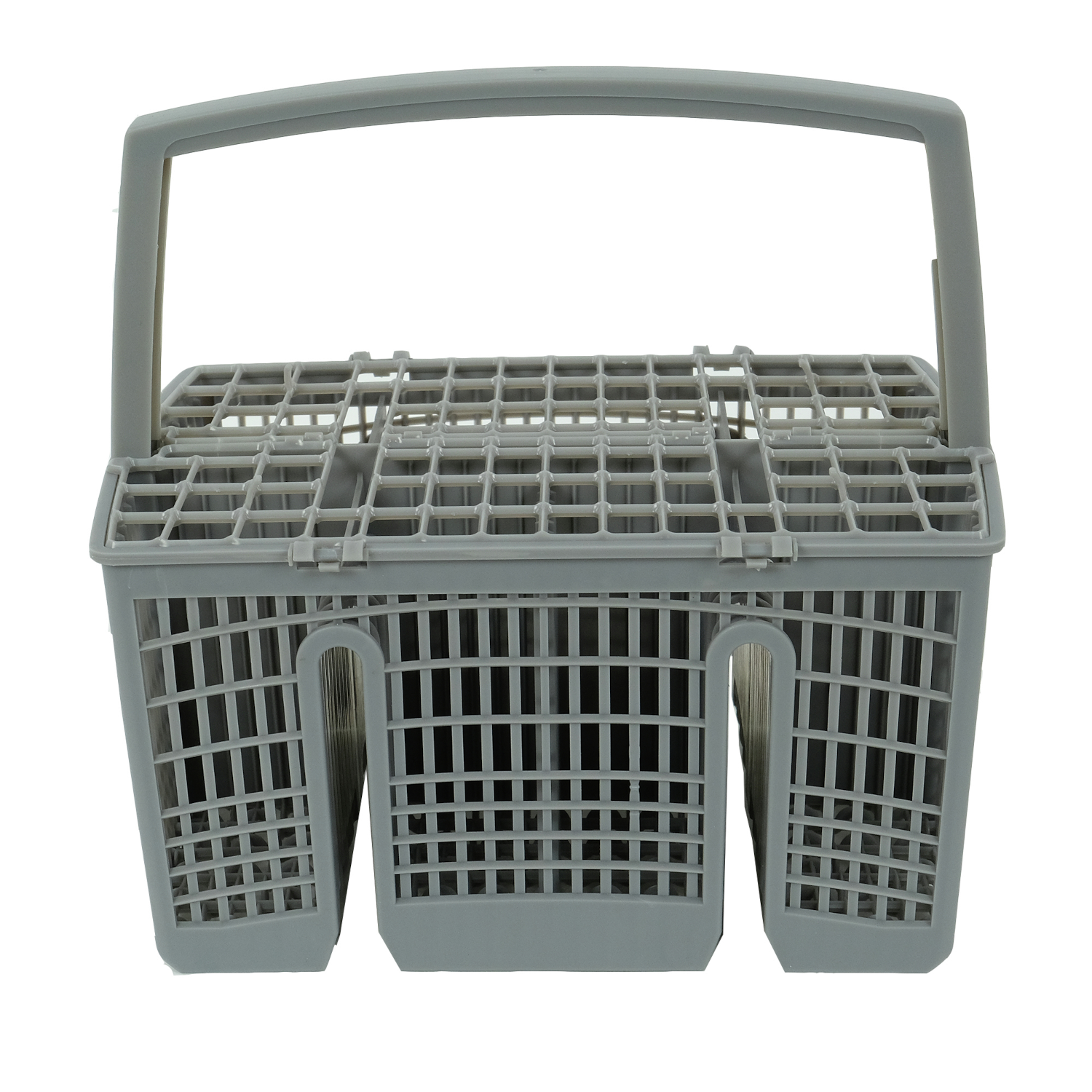 Gray dishwasher cutlery basket with a handle and multiple compartments.