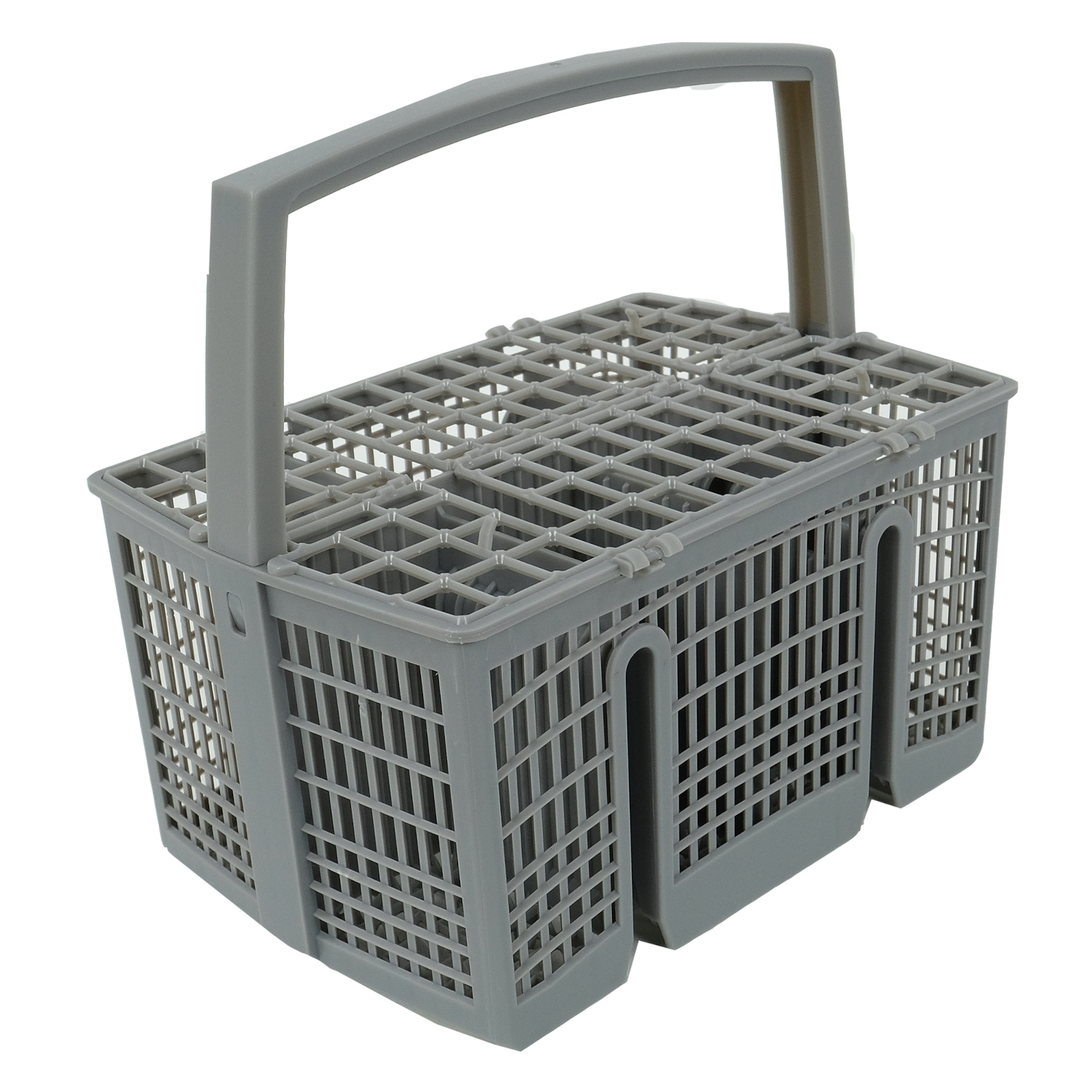 Gray dishwasher basket with a handle.