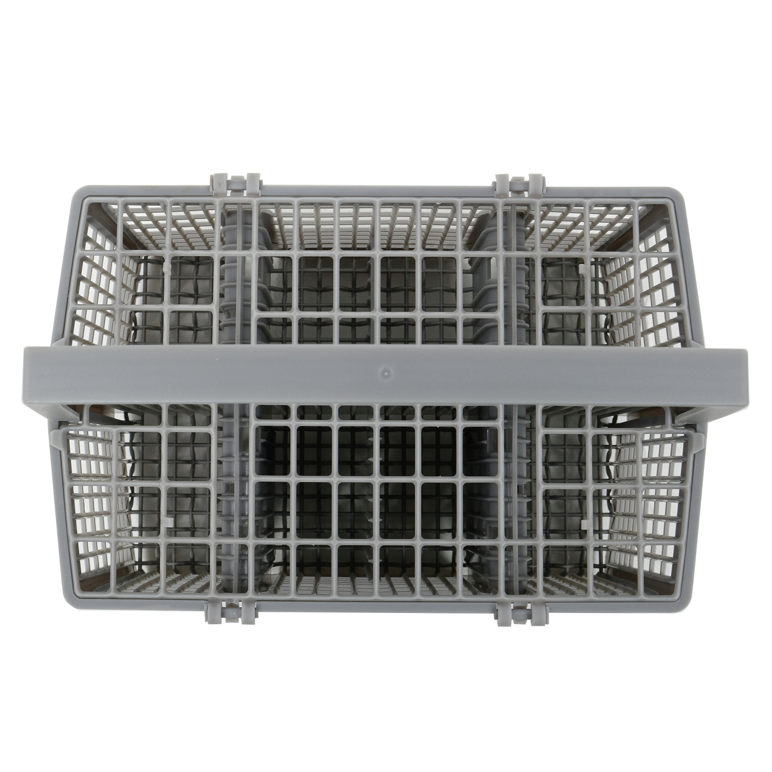 Dishwasher basket. Gray, rectangular, plastic, with a grid pattern. Contains holders for items.