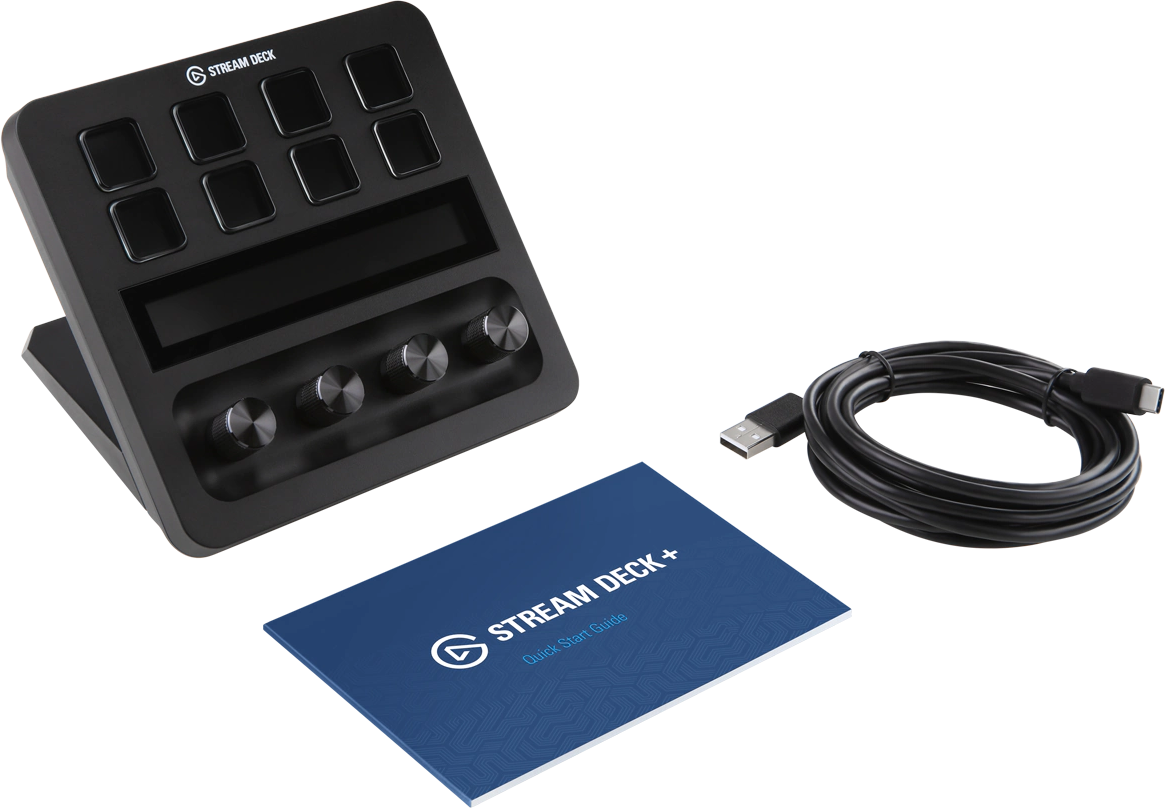 Ein schwarzes Stream Deck+ mit Tasten, Knöpfen und einem Bildschirm. Ein USB-Kabel und eine Schnellstartanleitung.