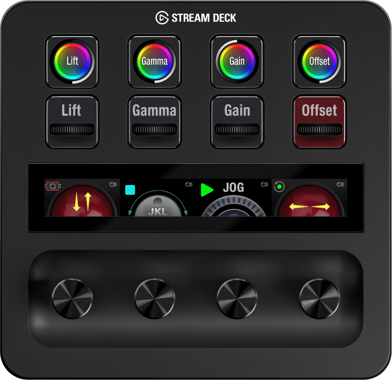 Ein schwarzes Stream Deck mit den Tasten Lift, Gamma, Gain und Offset.