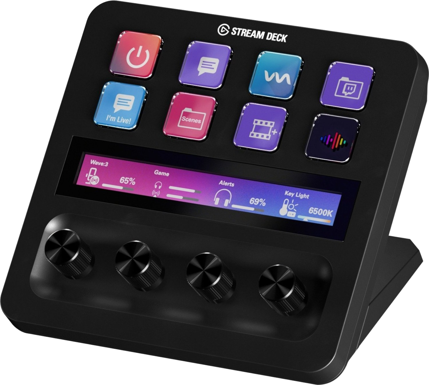 Schwarzes Stream Deck mit mehreren Tasten und einem Bildschirm mit Leistungsdaten.