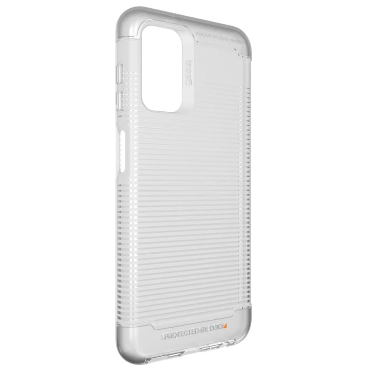 Transparante telefoonhoes met een strak design, toont de omtrek van een telefoon.