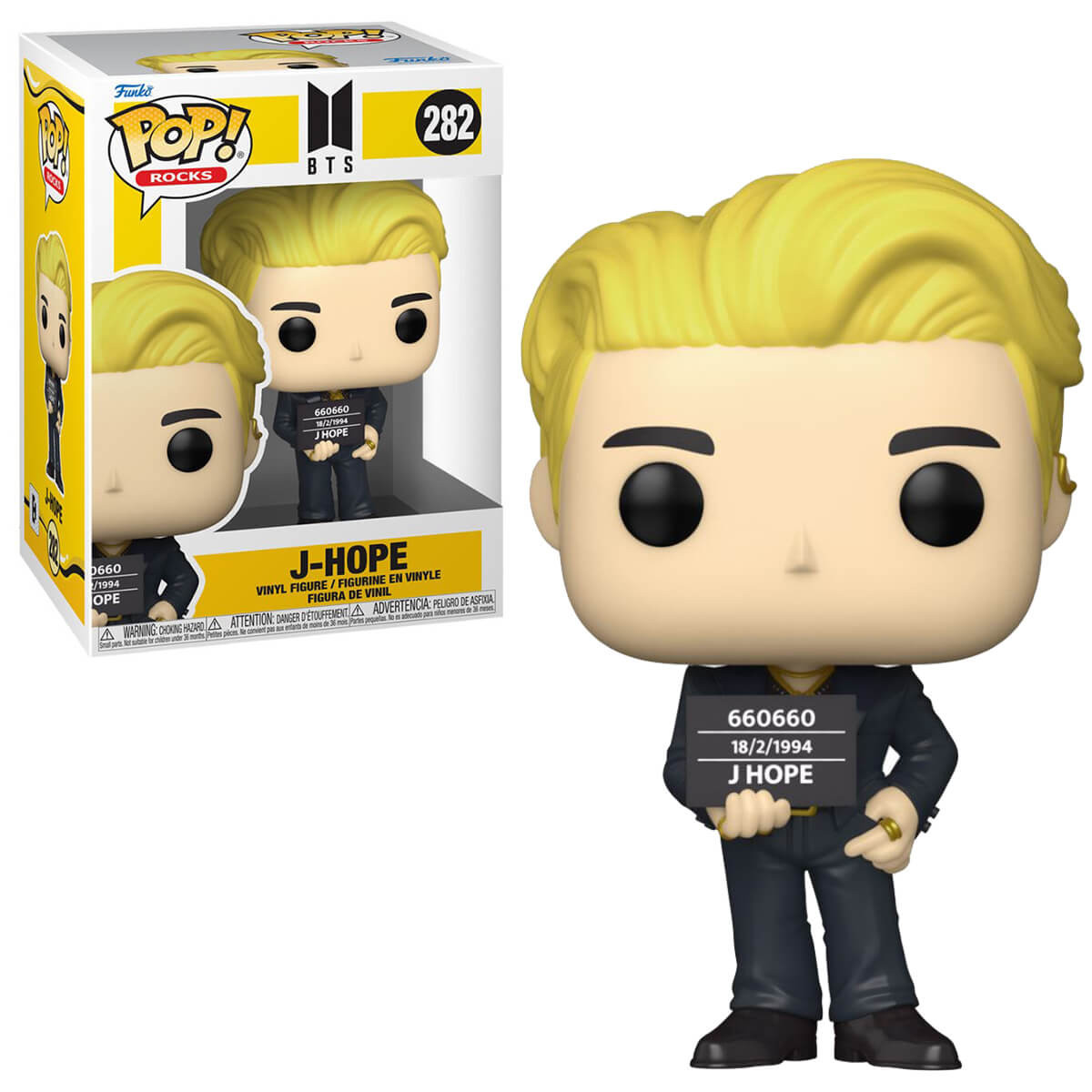 Figura Funko Pop de J-Hope. Caja y figura sosteniendo un cartel.