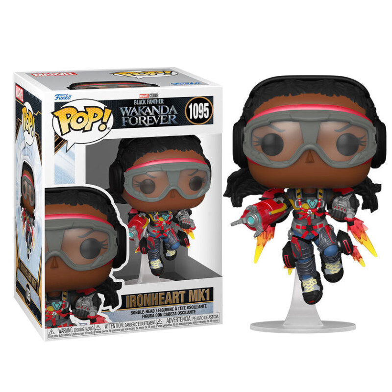 Una figura Funko Pop de Ironheart MK1, en una caja, con armadura detallada y un jetpack.