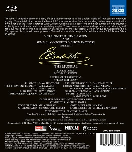 Blu-ray-Cover des Musicals "Elisabeth". Enthält Text und einen goldfarbenen, signaturähnlichen Titel. Dunkler Hintergrund mit weißem Text.