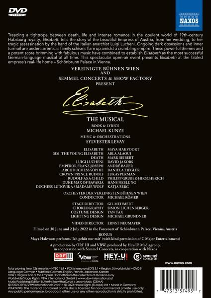 DVD-Rückseite mit Text. Es zeigt die Besetzung, das Team und die Inhaltsangabe eines Musicals.