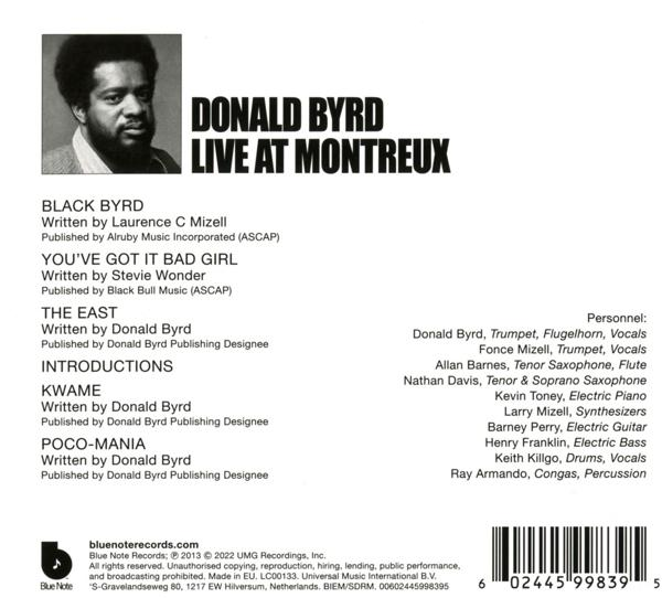 Albumhoes met tekst, foto van Donald Byrd en een lijst met songtitels en credits.