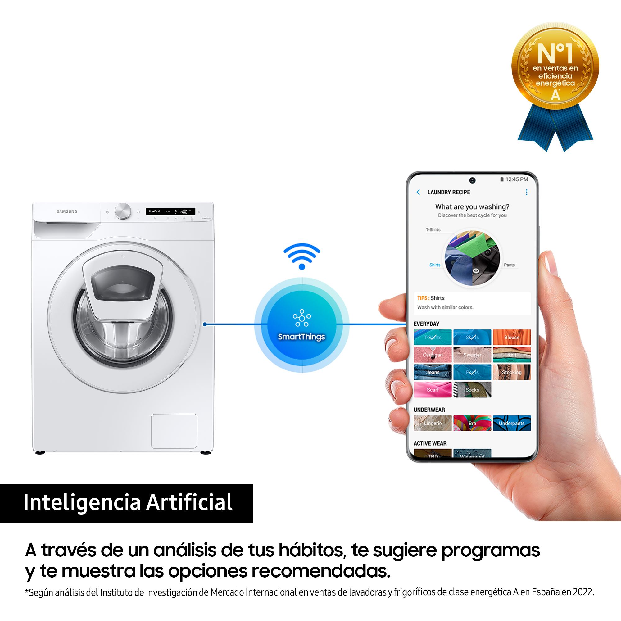 Lavadora Samsung y pantalla de smartphone con opciones de lavado. Cinta dorada arriba.