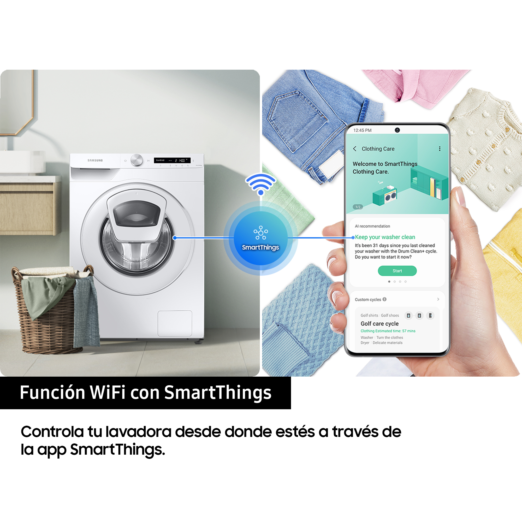 Lavadora Samsung y pantalla de smartphone con opciones de lavado. Cesta y toallas.