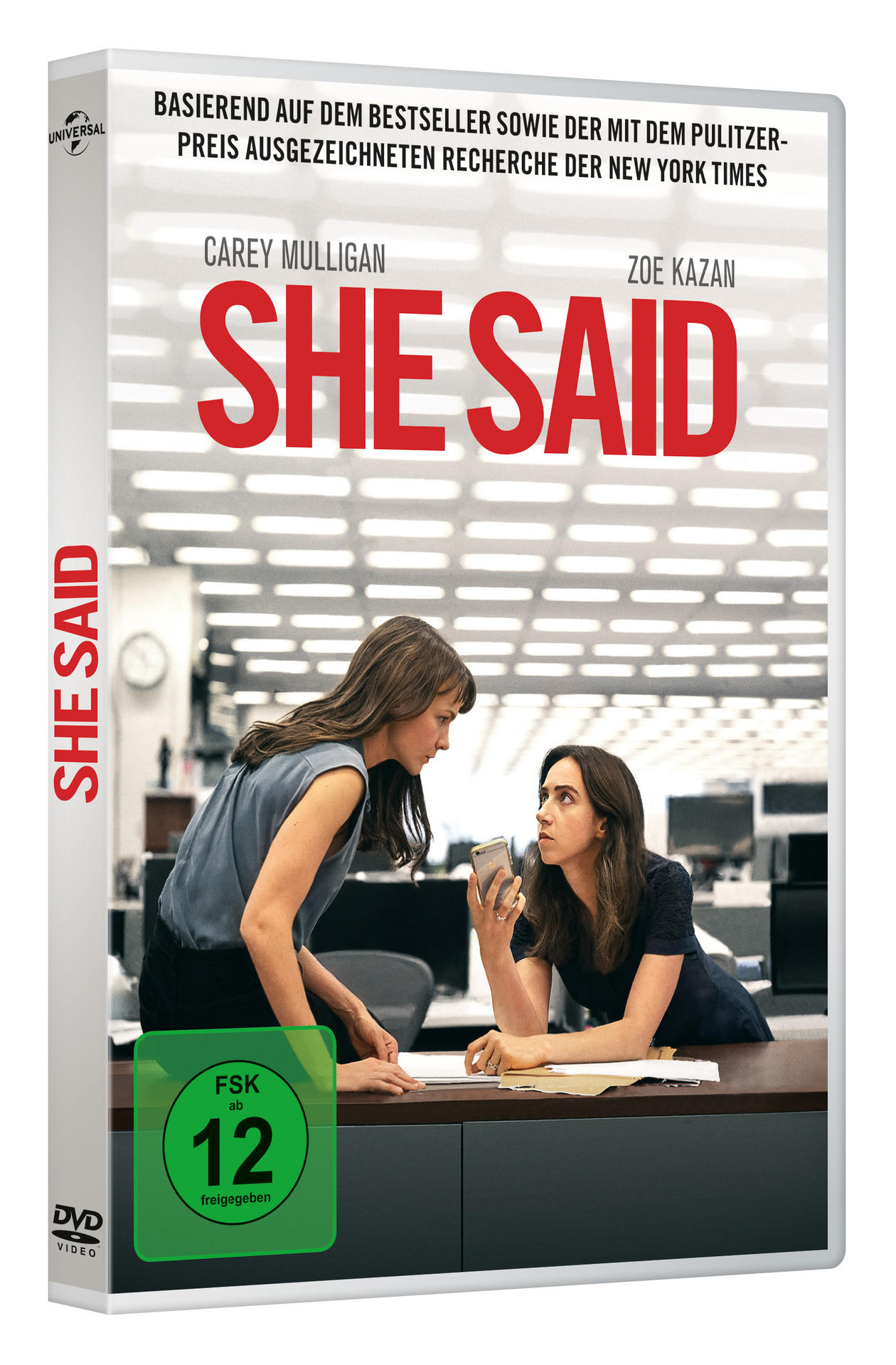 DVD-Cover für "She Said". Zeigt zwei Frauen in einem Büroumfeld, mit rotem Titeltext.