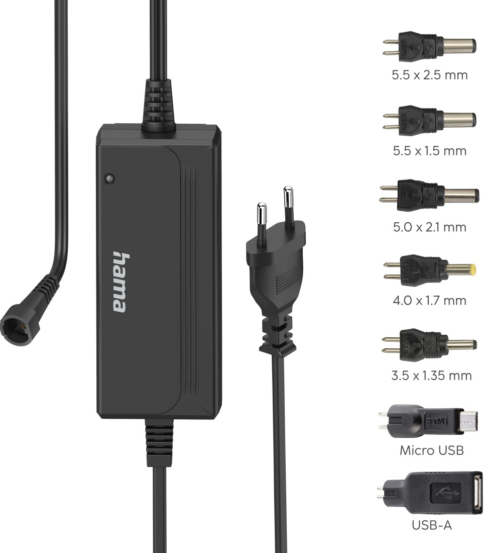Un adattatore di alimentazione Hama nero con diversi tipi di connettori, inclusi USB e micro USB.