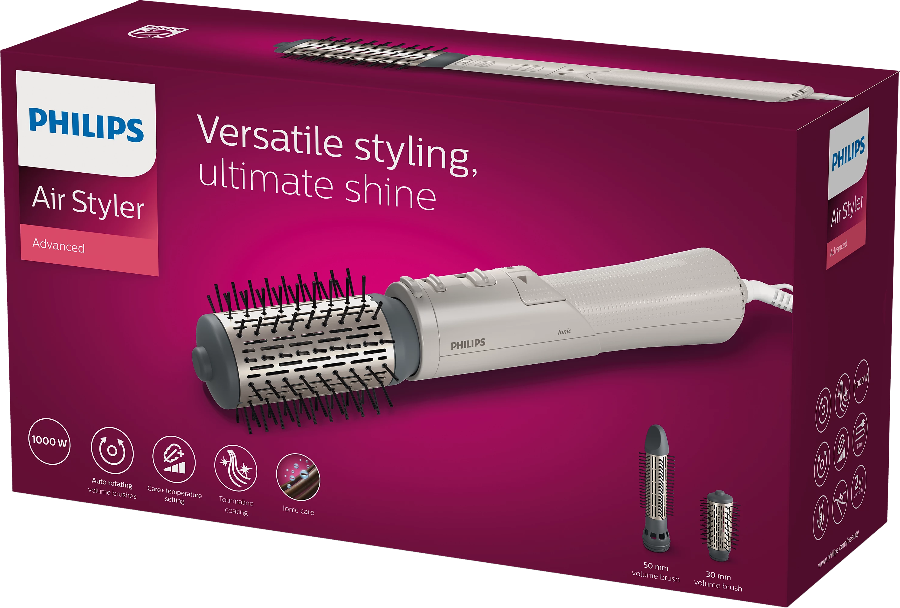 Philips Air Styler Box, zeigt Produkt und Zubehör.