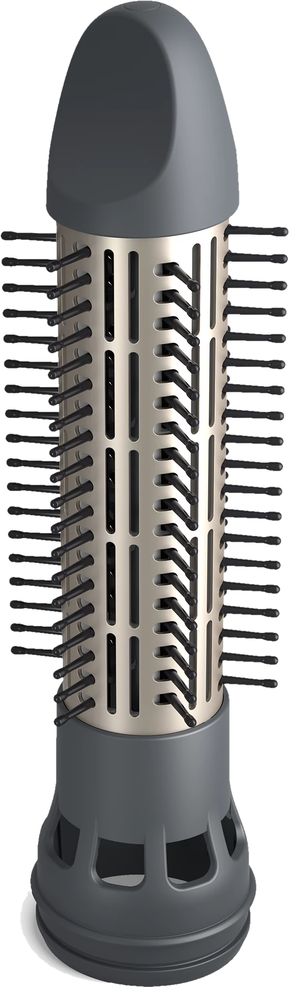 Nahaufnahme einer Haarstylingbürste mit metallischem und schwarzem Farbschema.