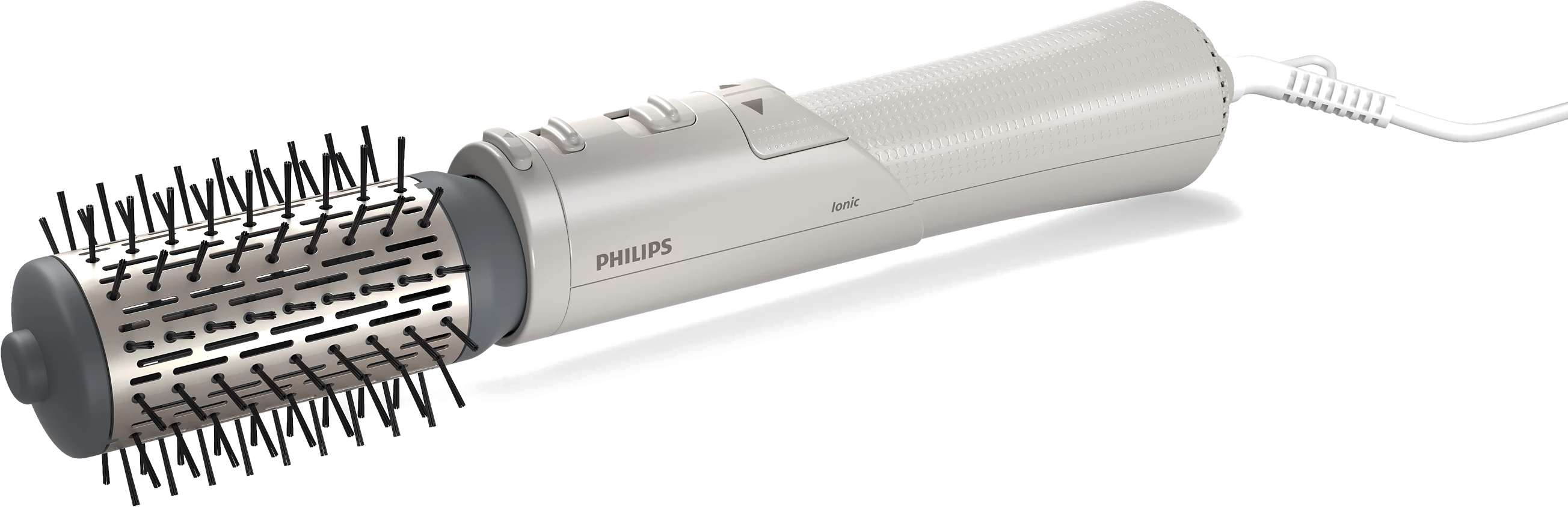 Ein weiß-grauer Philips Haarstyler liegt auf einer weißen Oberfläche und zeigt die Bürste und die Bedienelemente.