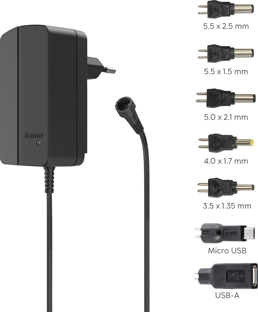 Adattatore di alimentazione Hama nero con punte intercambiabili, tra cui USB e varie dimensioni di connettori CC. Isolato su sfondo bianco.