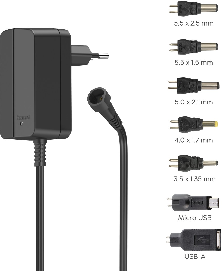 Schwarzes Ladegerät mit mehreren Adapterköpfen für verschiedene Gerätetypen. Kabel und Anschlüsse sind gezeigt.