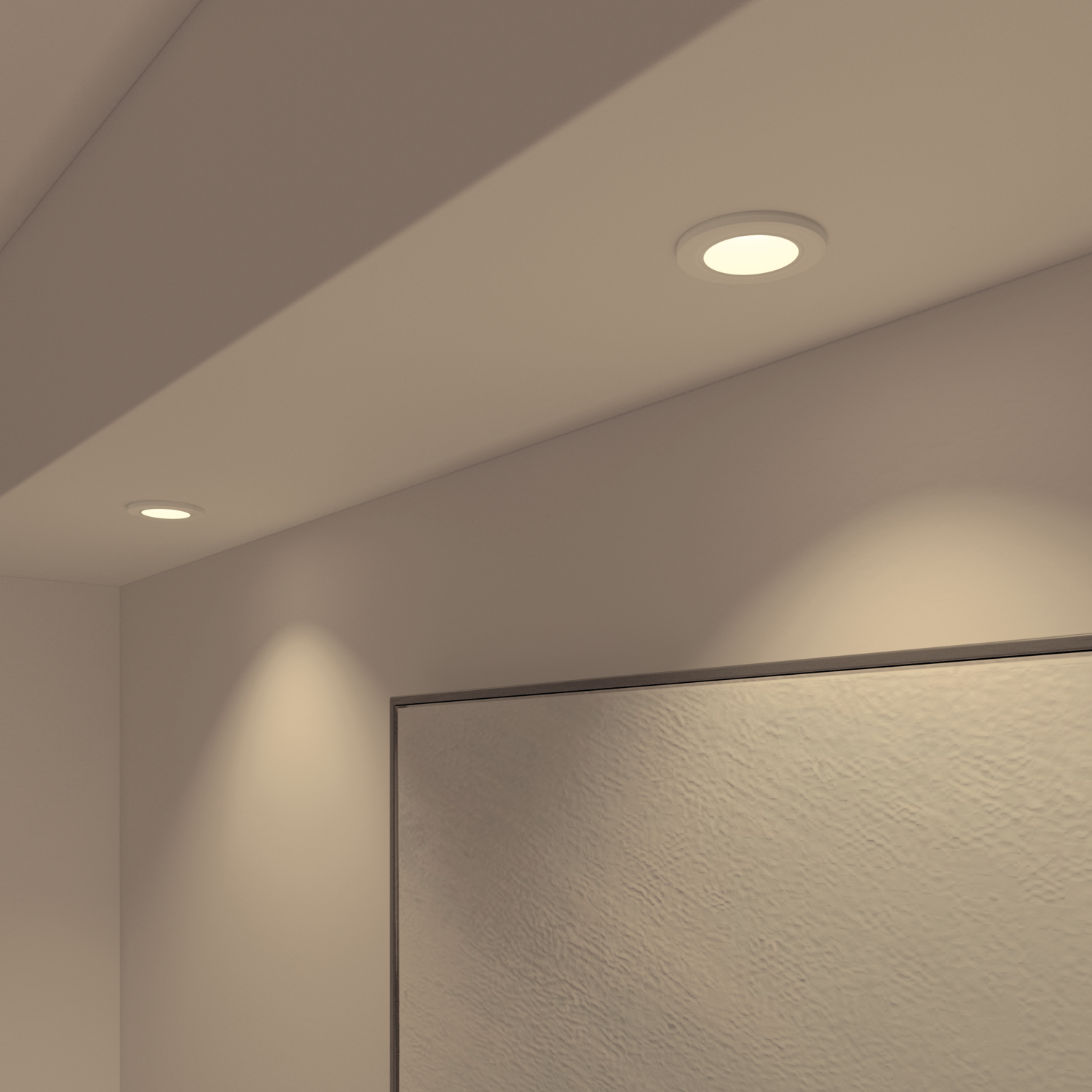Two circular lights on a ceiling. White wall and a painting. Dark background.