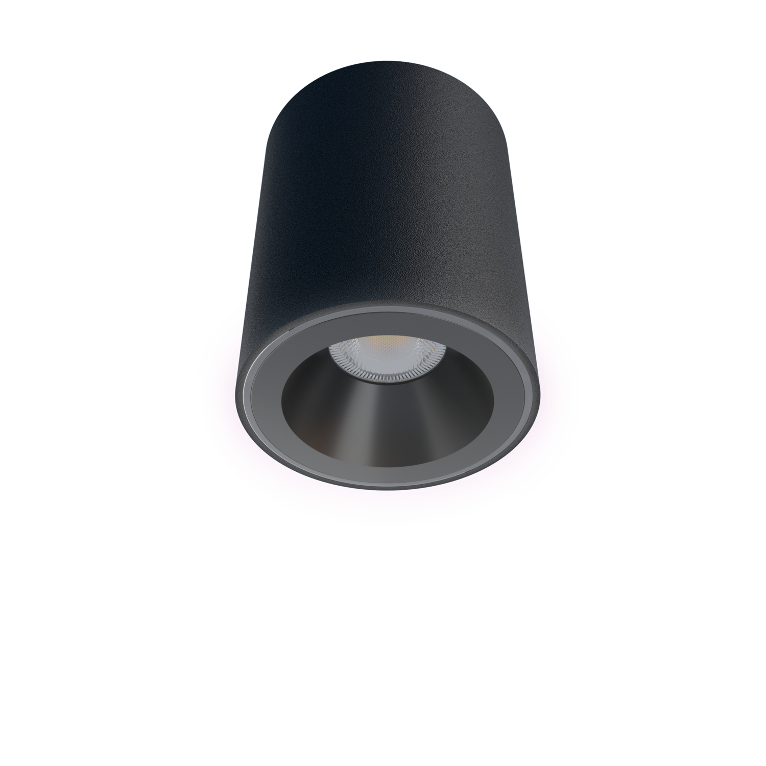 Black cylindrical LED spotlight with a recessed light source.