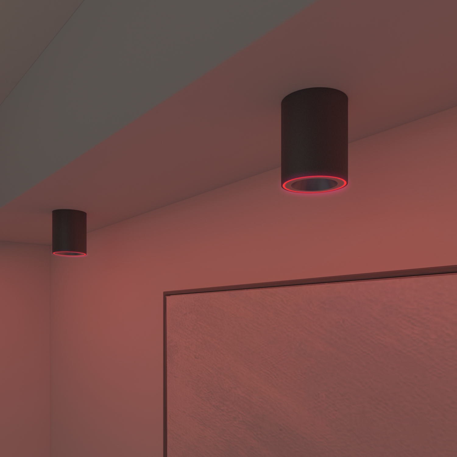 Two black ceiling lights with red accents are mounted on the ceiling.