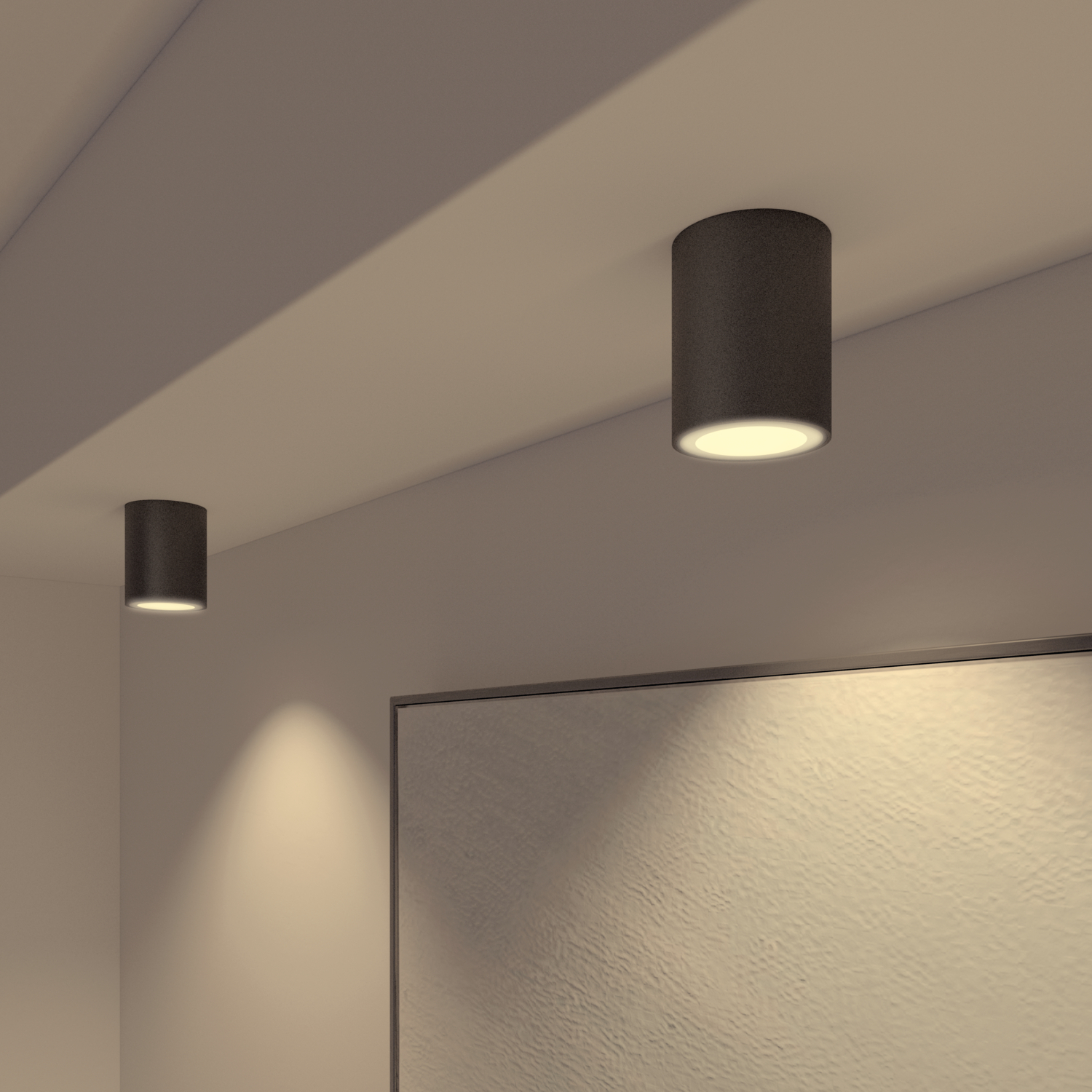 Two cylindrical lights on a ceiling. White wall and a painting. Dark background.