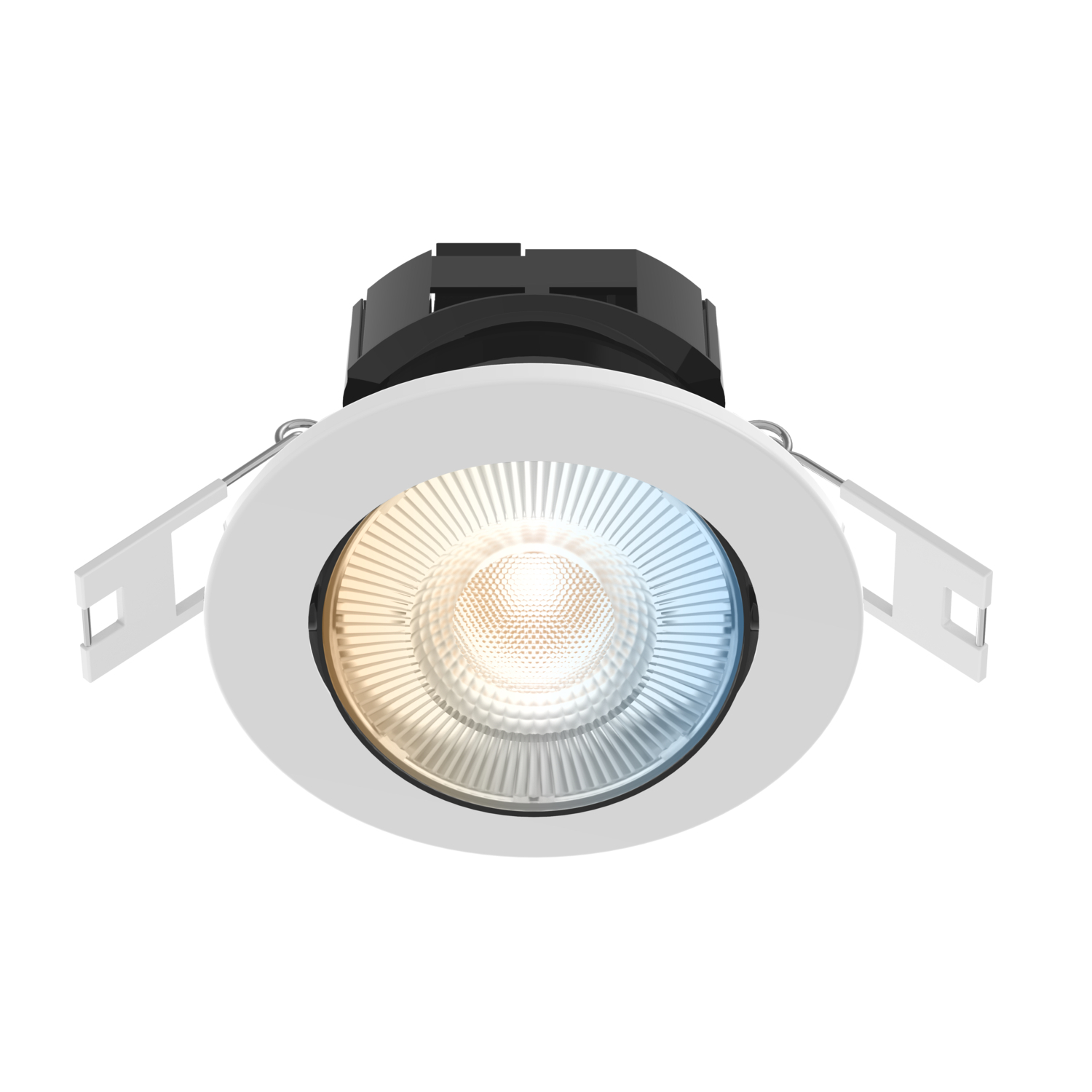 A white recessed spotlight with a central light source and two side mounting brackets.