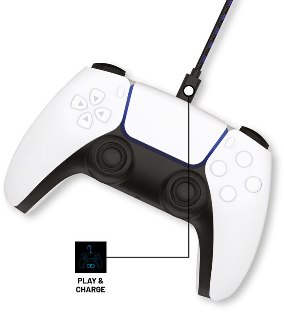 Manette blanche PlayStation 5 avec des accents noirs et bleus, connectée à un câble. Le texte 'JOUER & CHARGER' est affiché en dessous.