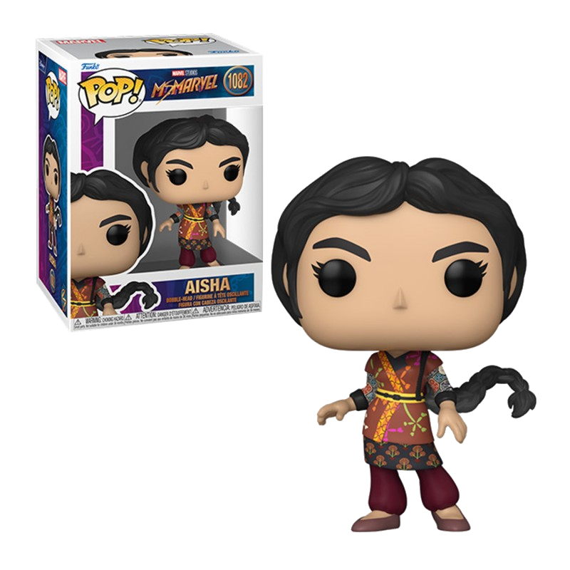 Una figura Funko Pop de Aisha de Ms. Marvel. Tiene cabello negro en una trenza, con un atuendo colorido. Caja en el fondo.