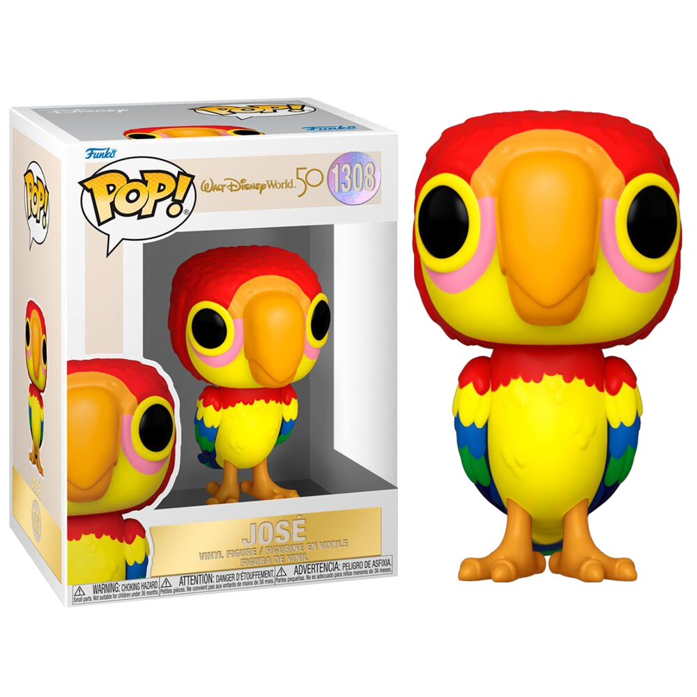 Figura Funko Pop! de un loro de Disney, colorido, en una caja. El loro tiene un pico amarillo grande.