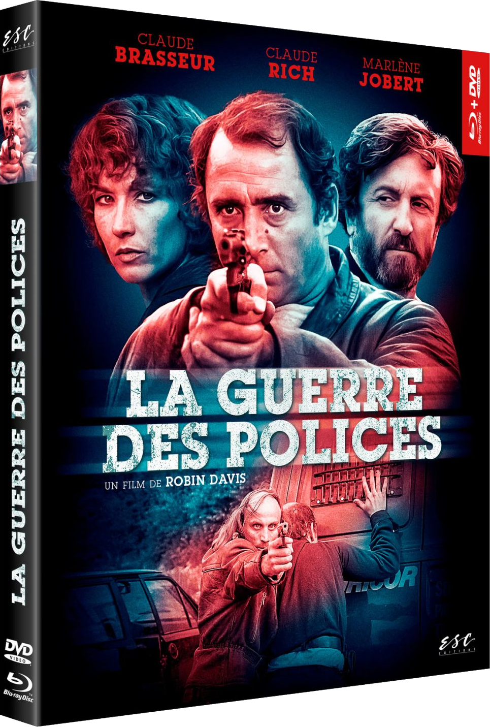 DVD-doos: filmposter met drie acteurs, een vrouw en twee mannen, en een man met een pistool.