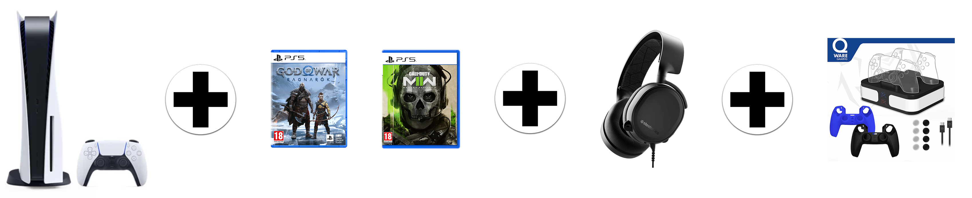 SONY PlayStation 5 Disk Edition + God of War: Ragnarok + Call of Duty: Modern Warfare II + Arctis 3 headset (zwart) + Qware Dual Charging bundel