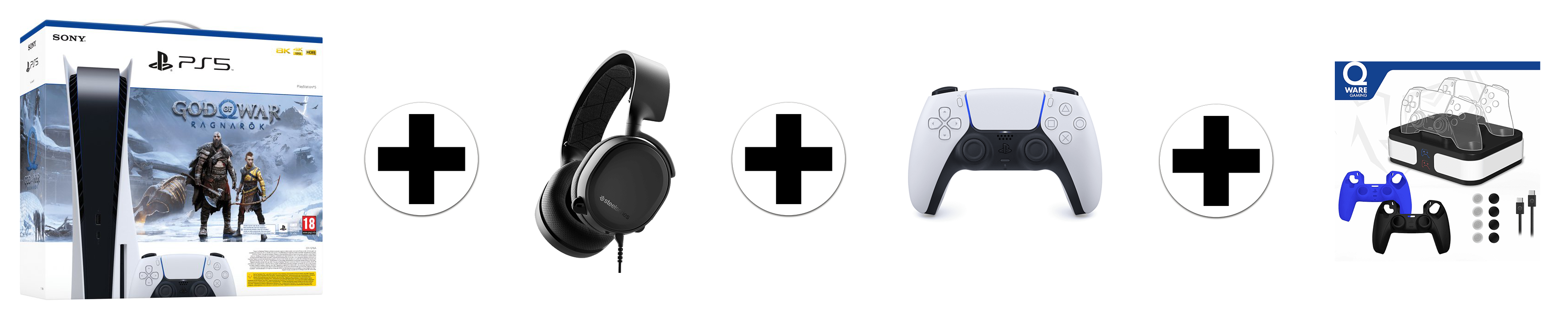 SONY PlayStation 5 Disk Edition + God of War: Ragnarok (download-code) + Arctis 3 headset (zwart) + extra controller + Qware Dual Charging bundel