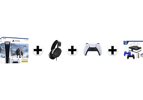 SONY PlayStation 5 Disk Edition + God of War: Ragnarok (download-code) + Arctis 3 headset (zwart) + extra controller + Qware Dual Charging bundel