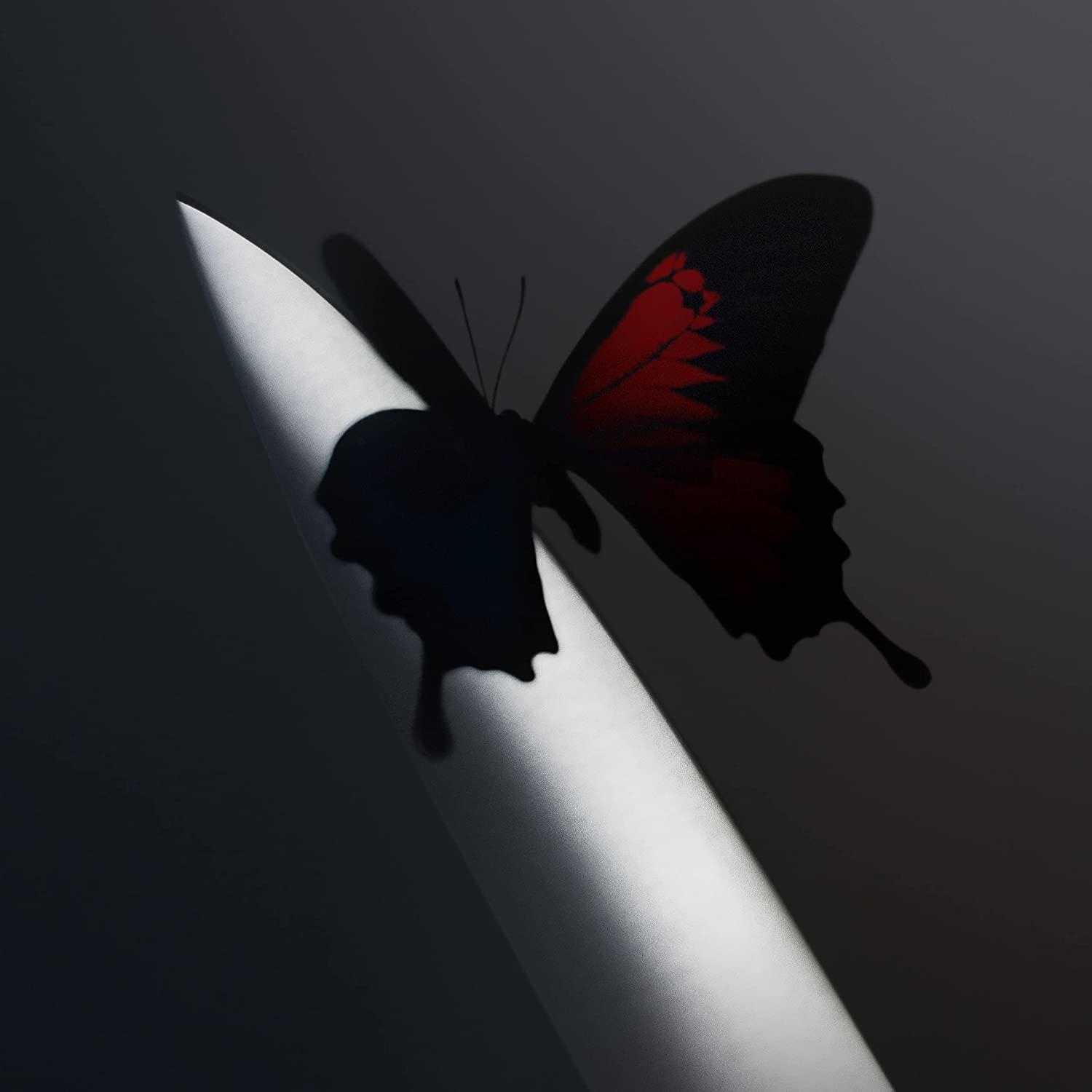 Ein weißes Objekt mit einem Schmetterling darauf. Der Schmetterling ist schwarz mit roten Akzenten.