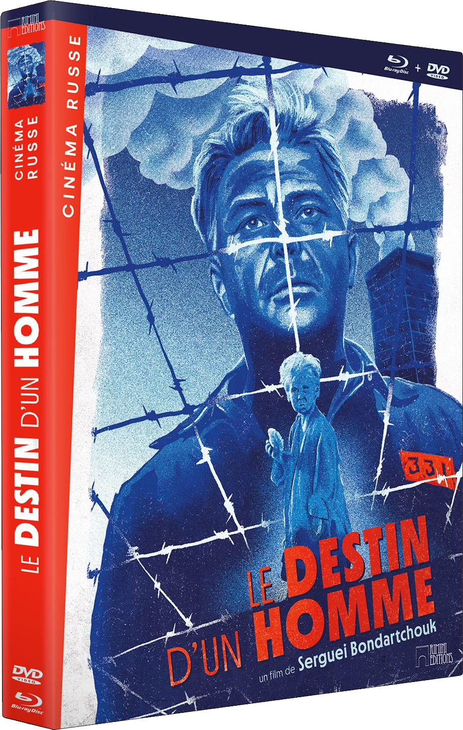 DVD-hoes met een man in een blauw gevangenisuniform en prikkeldraad, tekst in het Frans: Le Destin d'un Homme.