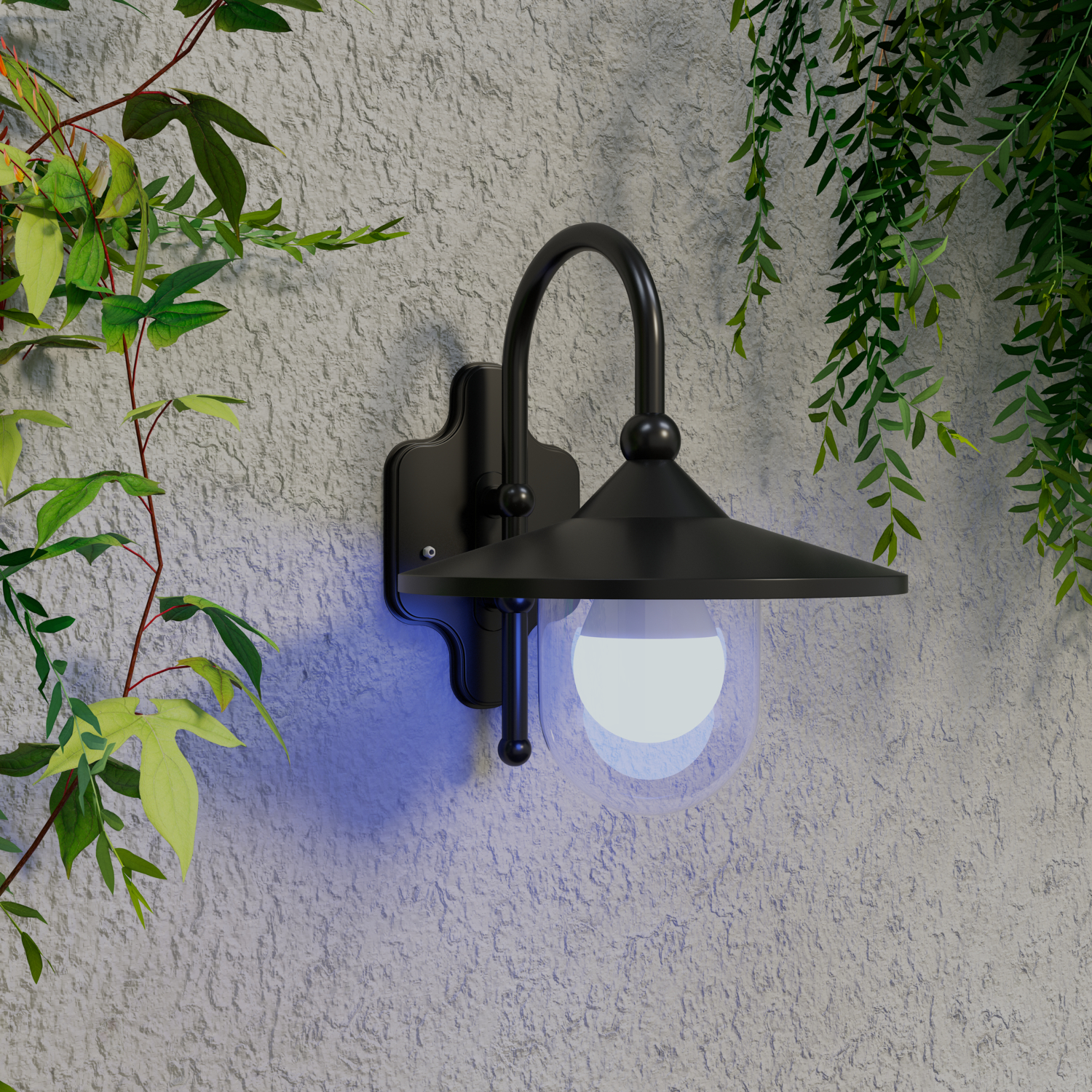 A black outdoor wall lamp with a clear globe and foliage on a textured, light-grey wall.