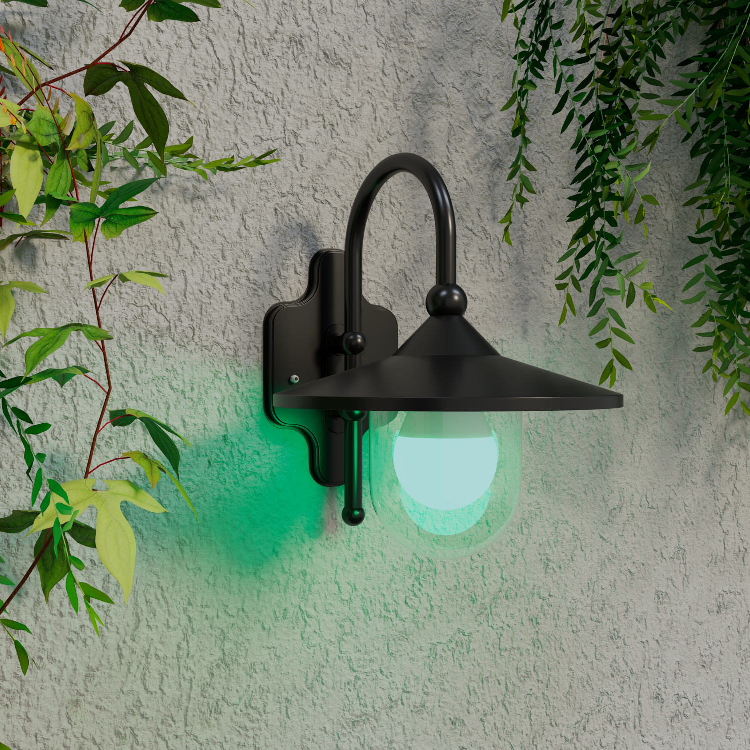 Black outdoor lamp on a textured wall, green light emitted. Green plants frame the scene. 