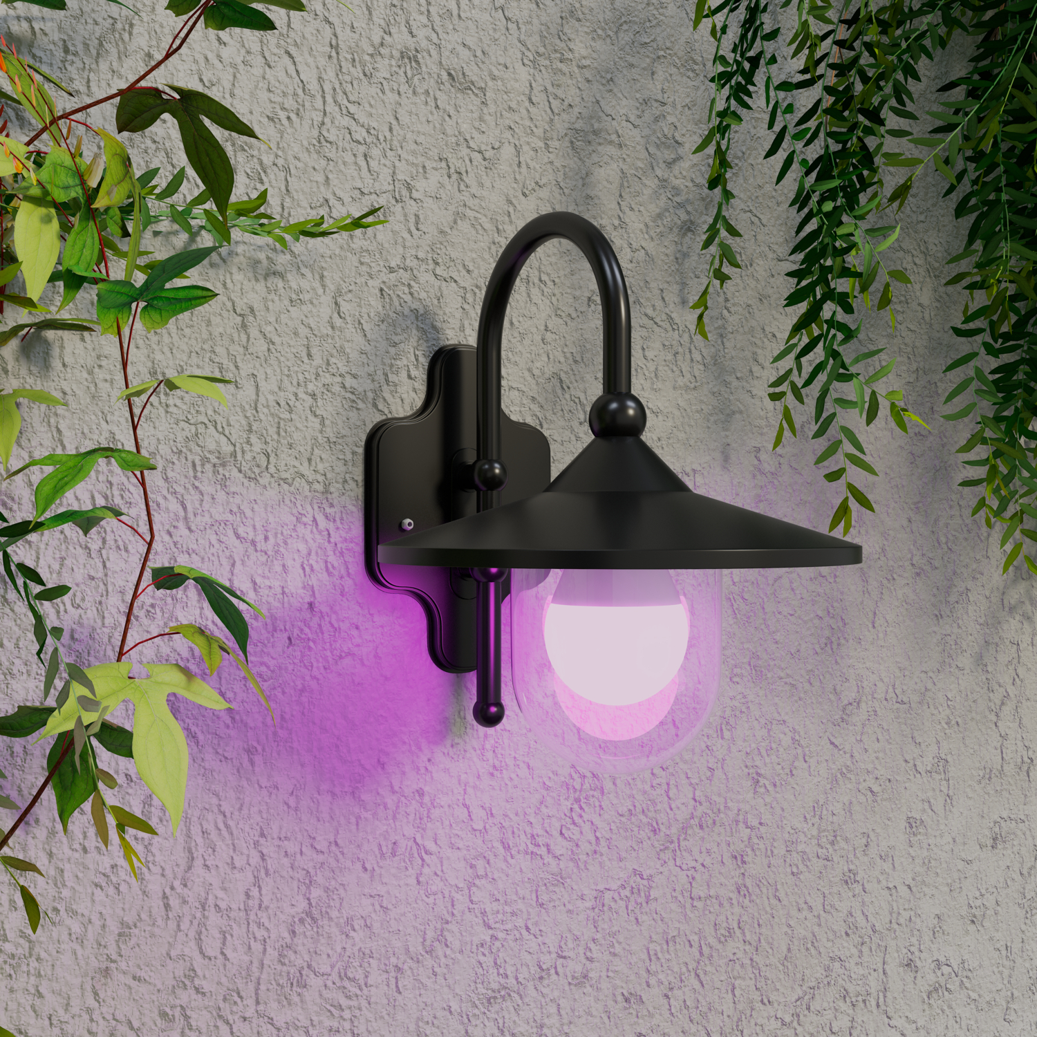 Black outdoor wall lamp with a pink glowing bulb, on a textured wall with leaves.