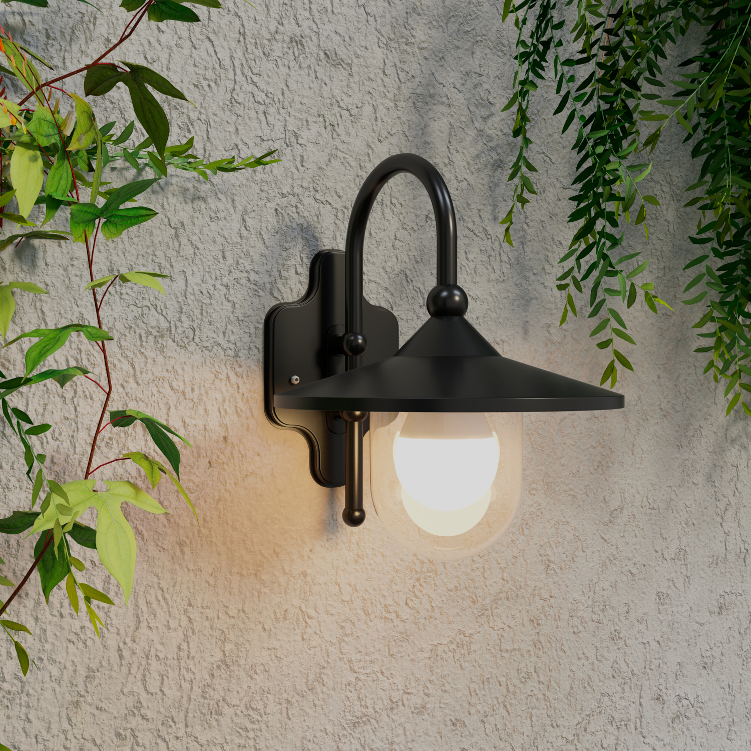 A black outdoor wall lamp. It is mounted on a textured light gray wall.