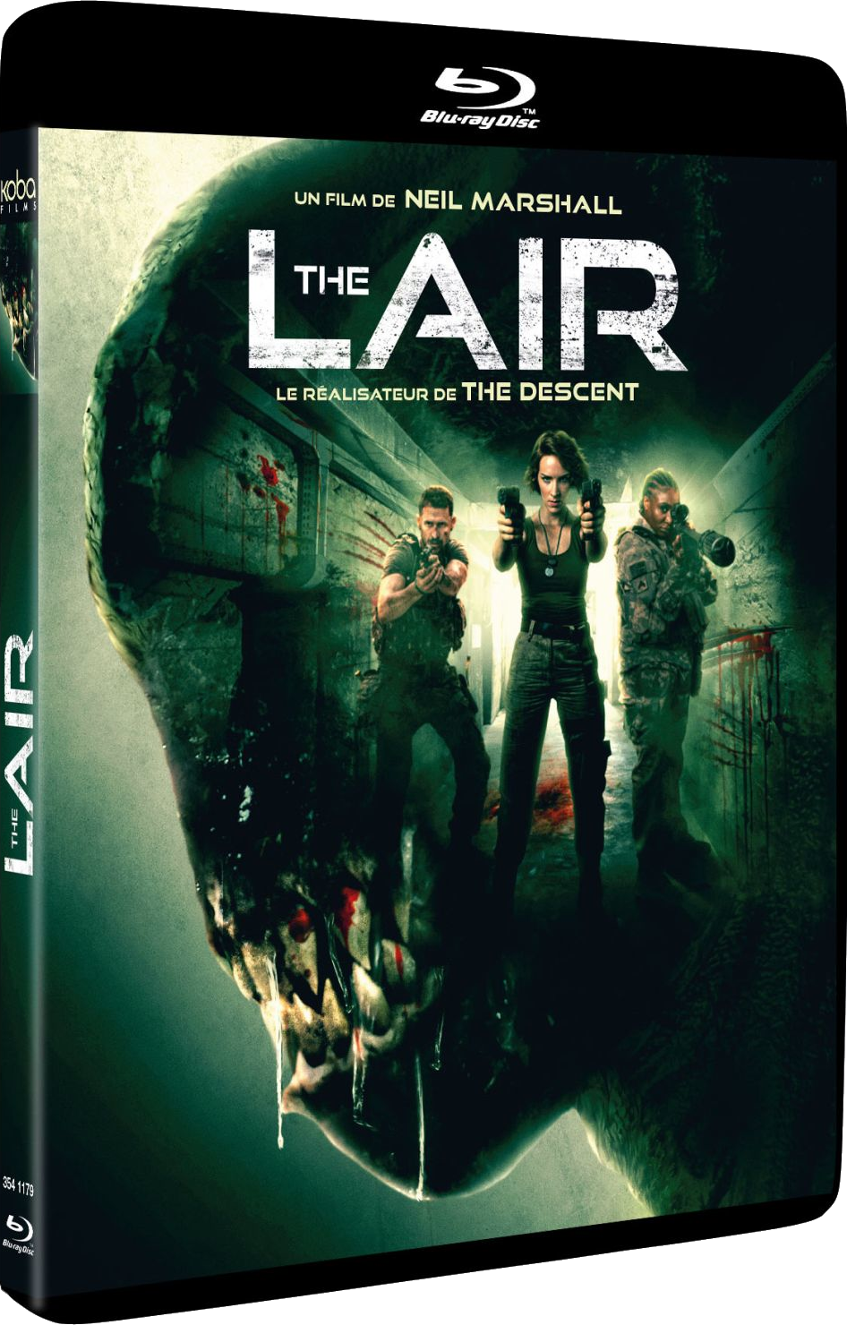 Boîtier Blu-ray : affiche de film avec trois personnes dans un environnement sombre et un visage de monstre.