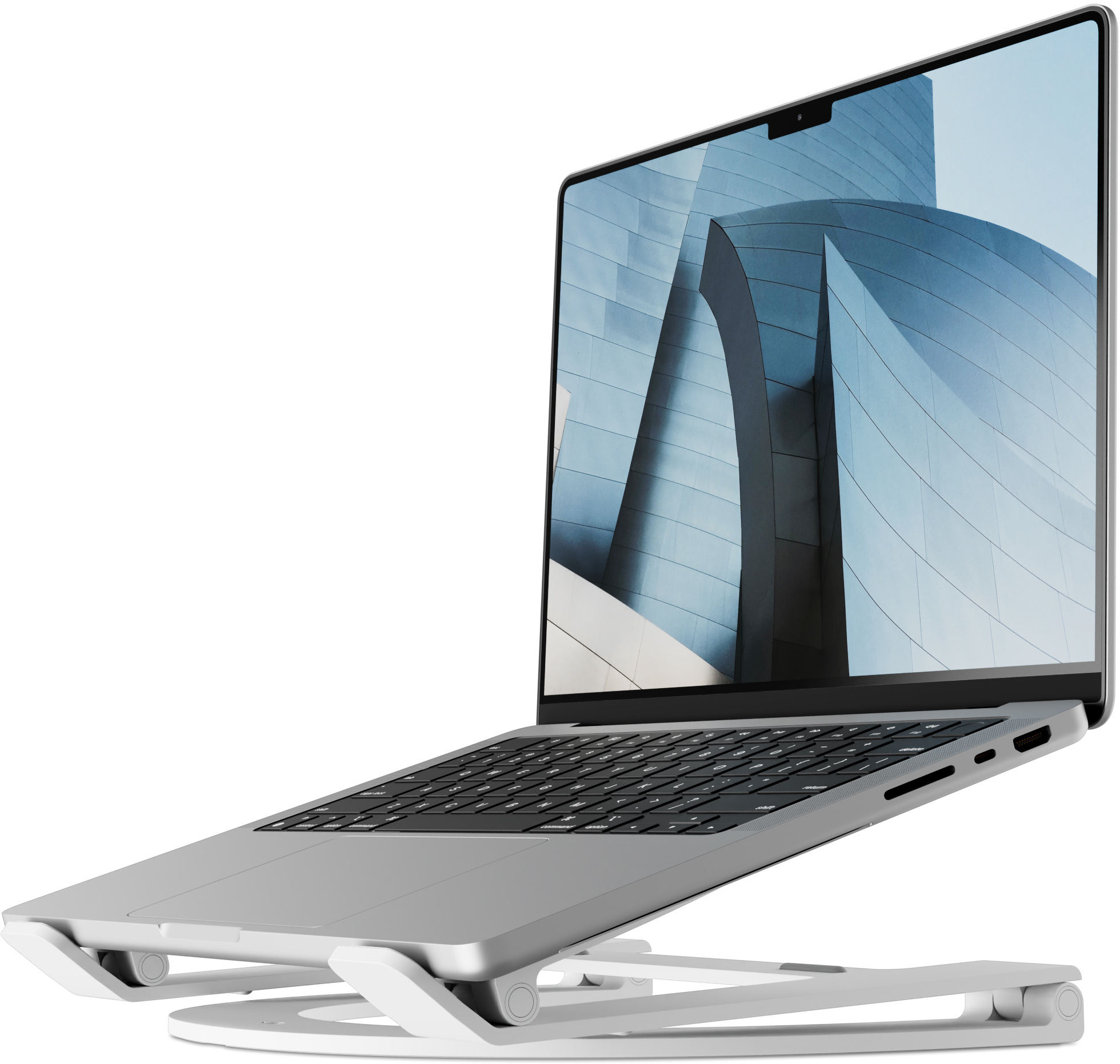 Silberner Laptop auf weißem Ständer, Gebäude auf dem Bildschirm.