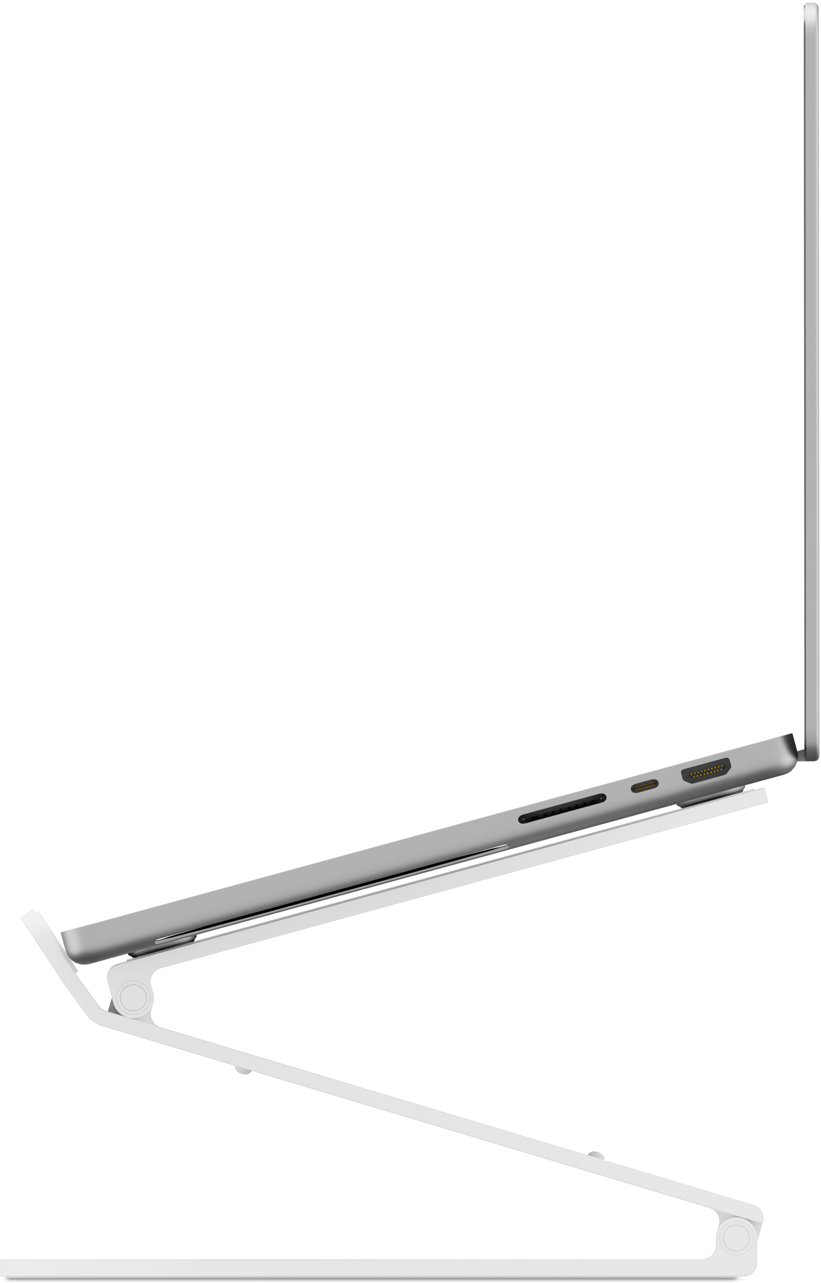 Seitenansicht eines Laptops auf einem weißen Ständer, nach oben geneigt.